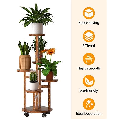 5-Tier Wooden Plant Stand with Detachable Wheels