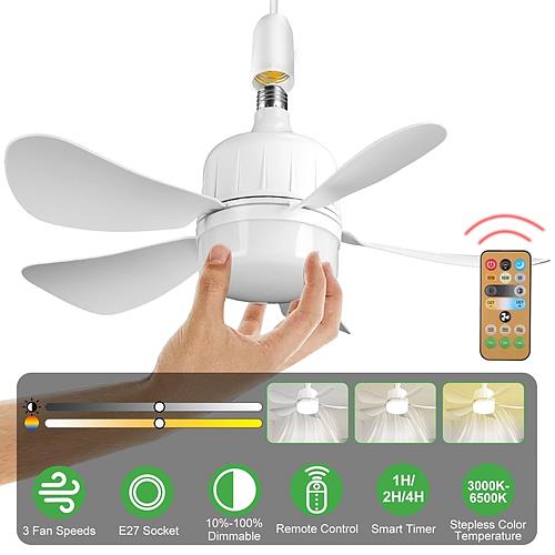 12W Socket Ceiling Fan with Dimmable LED, 3 Speeds & Remote Control