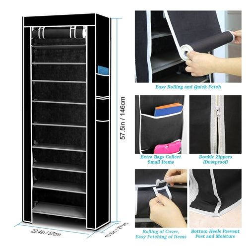 10-Tier DIY Shoe Rack Cabinet – Dustproof, Easy Assemble, Holds 27 Pairs (Black)