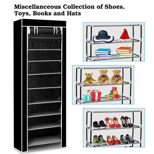 10-Tier DIY Shoe Rack Cabinet – Dustproof, Easy Assemble, Holds 27 Pairs (Black)