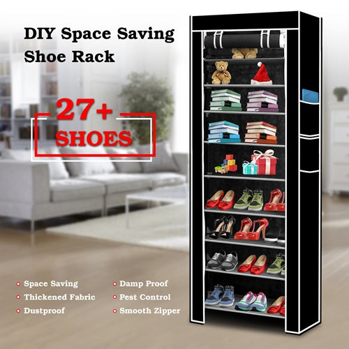 10-Tier DIY Shoe Rack Cabinet – Dustproof, Easy Assemble, Holds 27 Pairs (Black)