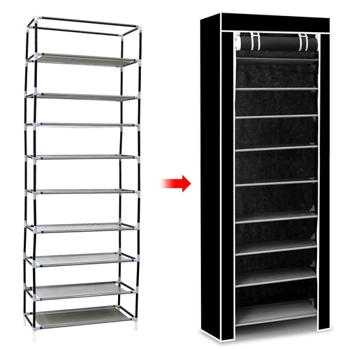 10-Tier DIY Shoe Rack Cabinet – Dustproof, Easy Assemble, Holds 27 Pairs (Black)