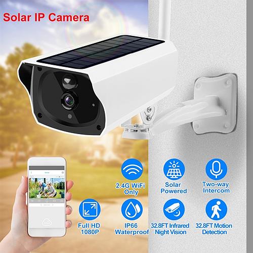 1080P Solar Powered WiFi IP Camera, Two-Way Intercom, Night Vision, Motion Sensor, IP66 Waterproof Security Cam