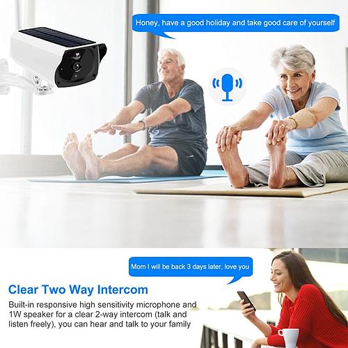 1080P Solar Powered WiFi IP Camera, Two-Way Intercom, Night Vision, Motion Sensor, IP66 Waterproof Security Cam