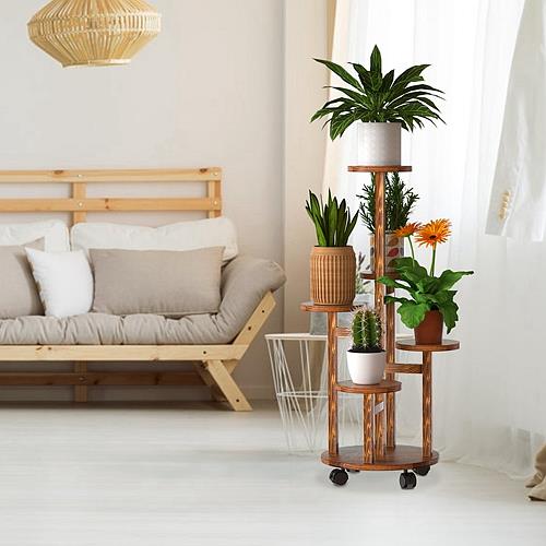 5-Tier Wooden Plant Stand with Detachable Wheels