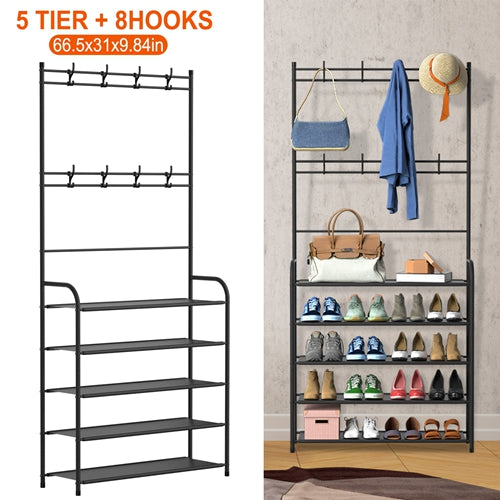 5-Tier Entryway Hall Tree Coat Rack with Shoe Storage & Garment Hanger Stand