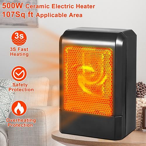 500W Portable PTC Ceramic Heater - Quick 3S Heat for Home & Office