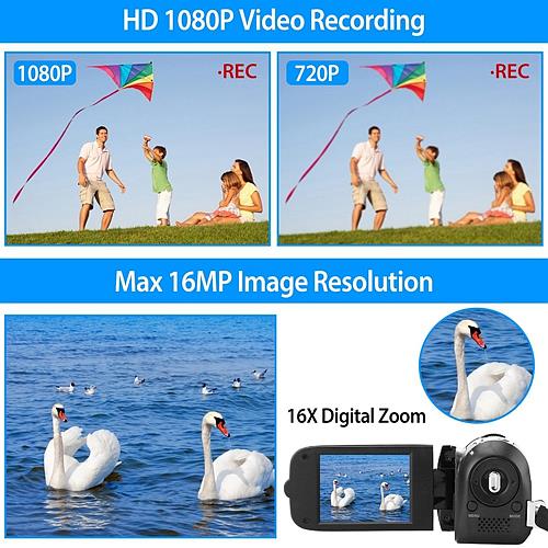 HD 1080P Digital Camcorder with 16X Zoom, 270° Rotation, and Fill Light