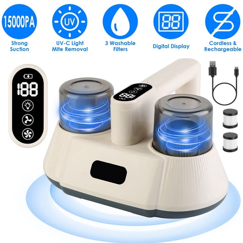 Double-Cup Cordless Bed Vacuum Cleaner with UV-C Light & 3 Washable Filters