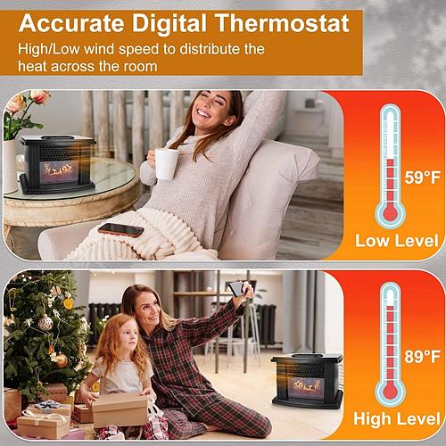 800W Electric Fireplace Heater with Digital Thermostat & Remote – Safe & Stylish for Home or Office