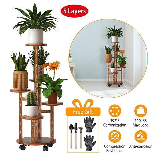 5-Tier Wooden Plant Stand with Detachable Wheels