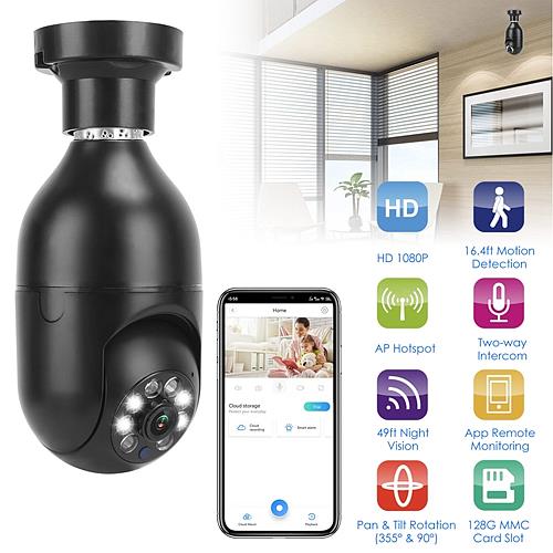 E27 WiFi 1080P FHD IP Pan Tilt Bulb Security Surveillance Camera with Two-Way Audio Night Vision Motion Detection Function APP Control