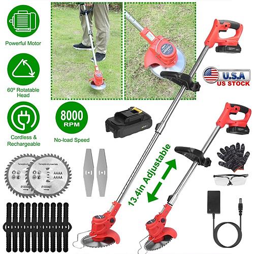 Electric Cordless Grass Trimmer Set with 2 Alloy Blades, 10 Plastic Blades, 2 Batteries, Goggles & Gloves