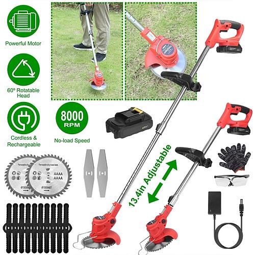 Electric Cordless Grass Trimmer Set with 2 Alloy Blades, 10 Plastic Blades, 2 Batteries, Goggles & Gloves