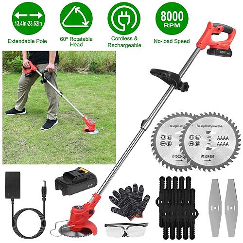 Electric Cordless Grass Trimmer Set with 2 Alloy Blades, 10 Plastic Blades, 2 Batteries, Goggles & Gloves