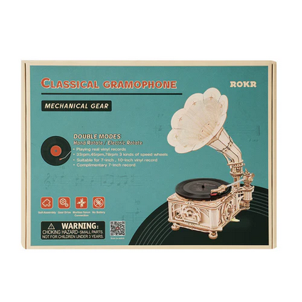 Box of a classical gramophone model kit with ROKR branding on a white background