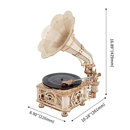 Vintage-style gramophone model with dimensions indicated on a white background