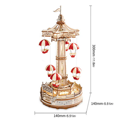 Model of a carousel with hot air balloons and dimensions indicated on a white background