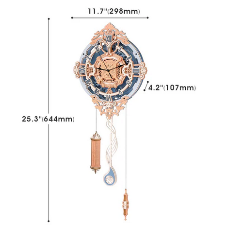 Decorative wall clock with measurement details on a white background