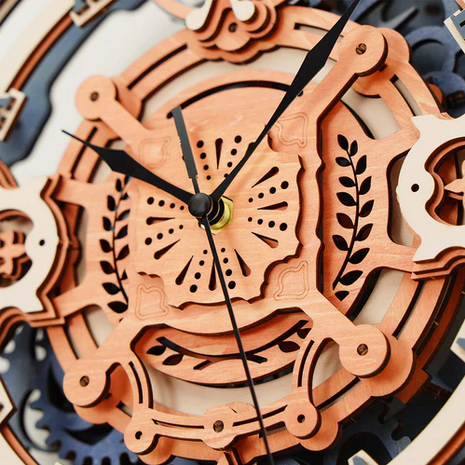 Wooden clock with intricate design and gears on a white background