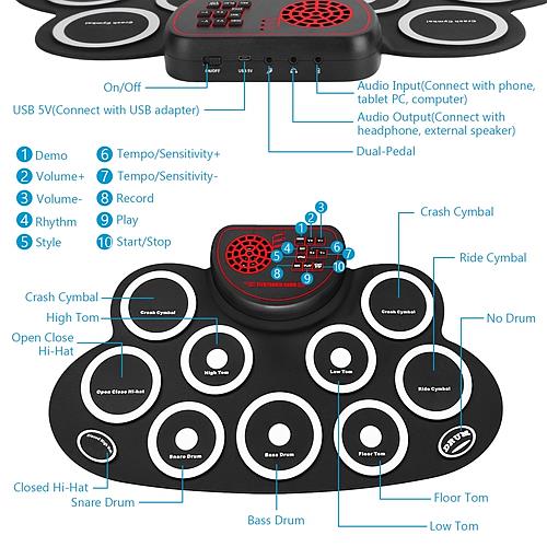 Foldable 10-Pad Electric Drum Set with Sticks, Pedals, Speaker & Headphone Jack