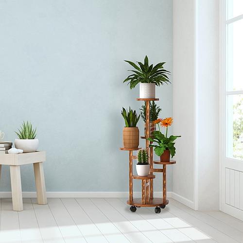 5-Tier Wooden Plant Stand with Detachable Wheels