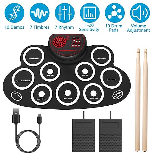 Foldable 10-Pad Electric Drum Set with Sticks, Pedals, Speaker & Headphone Jack