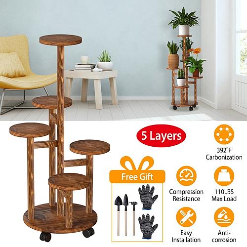 5-Tier Wooden Plant Stand with Detachable Wheels