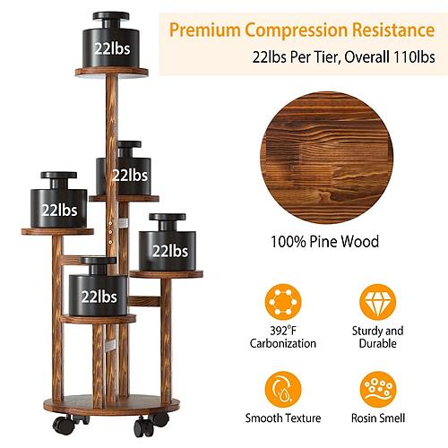 5-Tier Wooden Plant Stand with Detachable Wheels