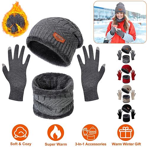 3-Piece Winter Set: Knitted Beanie, Scarf & Touch Screen Gloves for Men & Women