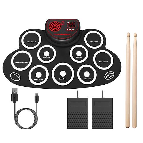 Foldable 10-Pad Electric Drum Set with Sticks, Pedals, Speaker & Headphone Jack